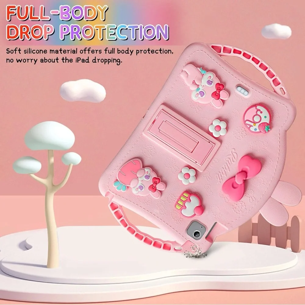 iPad Air 5th 4th Pro 11 Case Kids Pink Rabbit Silicone Cover Strap Stand